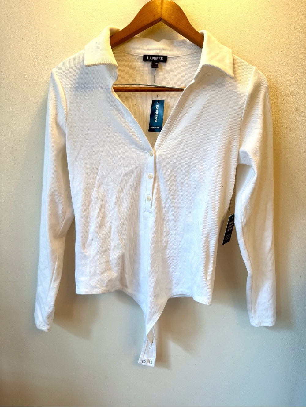 Express White Collared Bodysuit — Size L NWT, MSRP $58